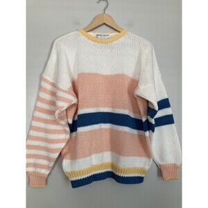 Vintage Nancy Heller Striped Cotton Pullover Crewneck Sweater M-L Made in France